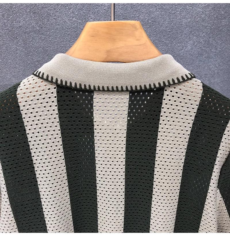 Men's Vintage Openwork Knit Half-Zip Polo Shirt, Short Sleeve, Trendy Royal Blue