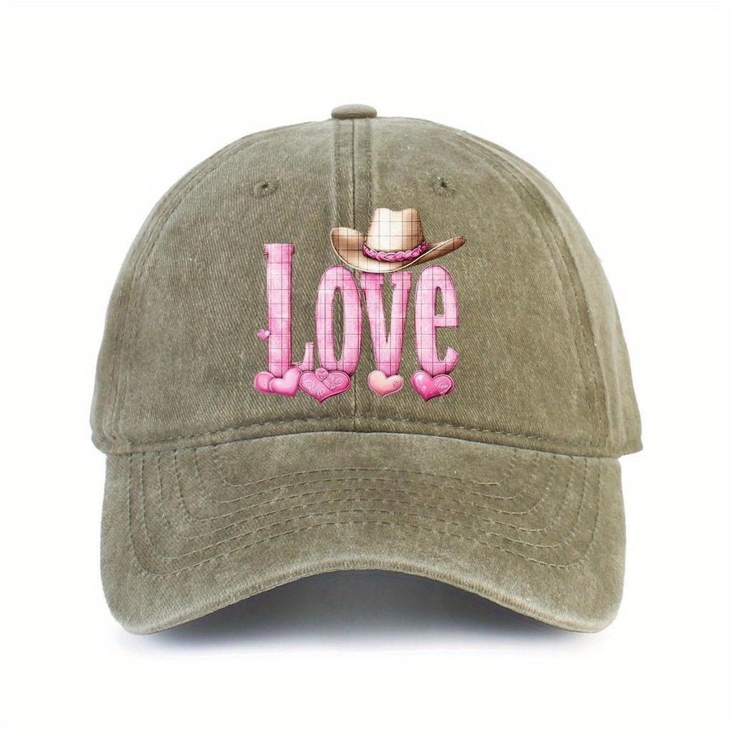 Cowboy Hat Love Print Washed Baseball Cap Denim Style Adjustable Outdoor Casual Hat Unisex