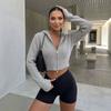 Women Waffle Textured Short Hooded Knit Double Zipper Cardigan Sweater Outerwear