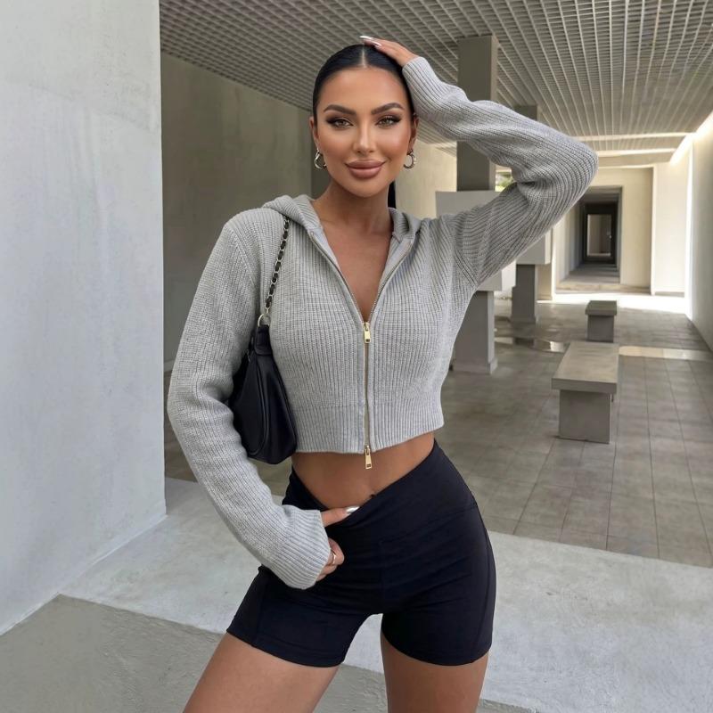 Women Waffle Textured Short Hooded Knit Double Zipper Cardigan Sweater Outerwear
