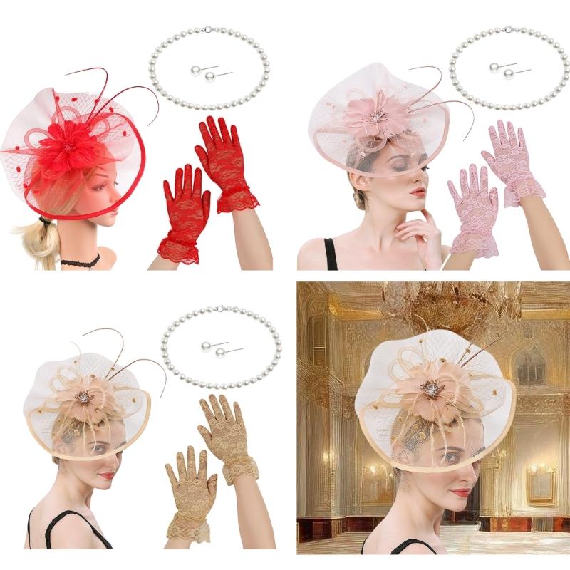 French Fascinator Hat with Necklace Gloves Ear Studs Costume Set For Horse Racing Event and Halloween Party Dressingup