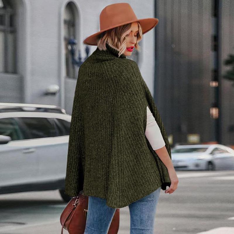 2025 Autumn/Winter Women's High Neck Loose Fashion Cape Sweater - Solid Color