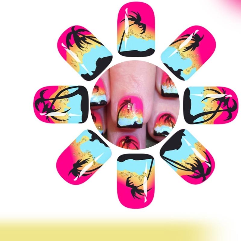 24Pcs Glossy Coconut Tree False Nail Short Square Press On Artificial Nail Tropical Beach Design For Salon Or Home