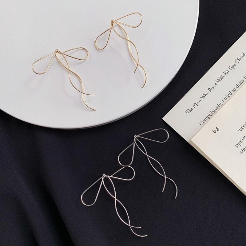 Fashionable Bowknot Earrings Vintage Long Tassels Bow Drop Earrings Simple Line Ear Studs Dangle Eardrop Party Jewelry