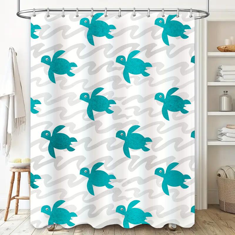 Blue Sea Turtle Bath Shower Curtain White Background Waterproof Bathroom Decorations Plastic Rod Pocket Hook Set Modern Home Dec