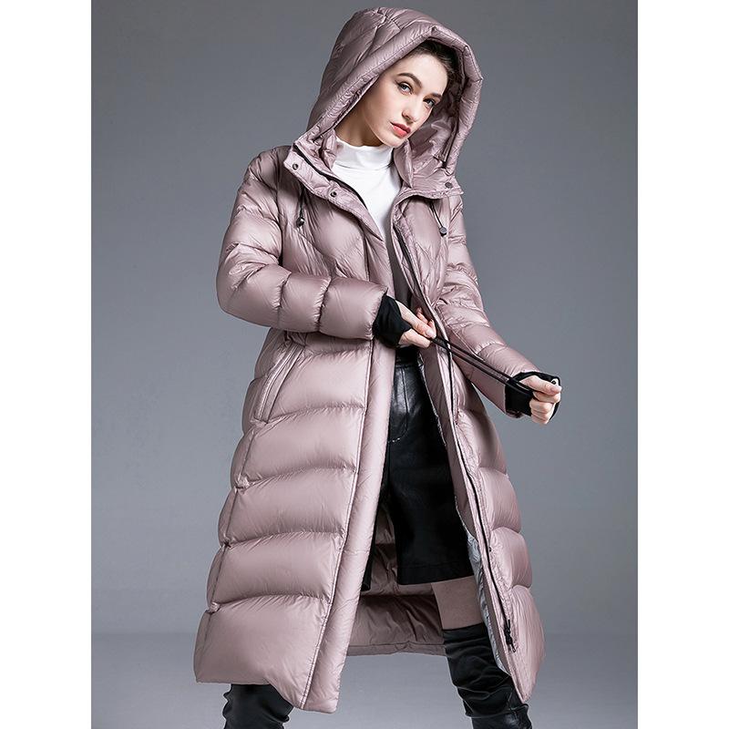 Down jacket winter women's long over the knee new hooded slim waist thin thickened white duck down jacket tide