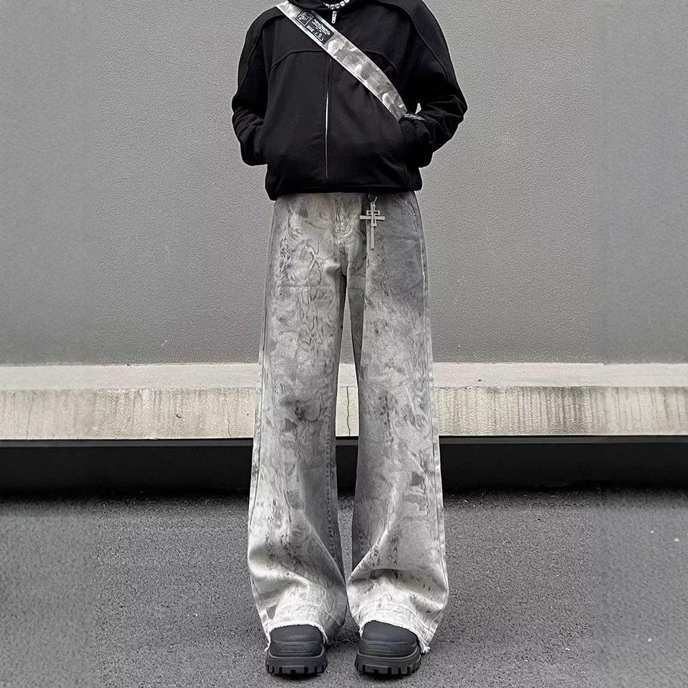 American high street tie-dye dirty design jeans pants loose straight wide-leg slightly pulled casual pants men and women