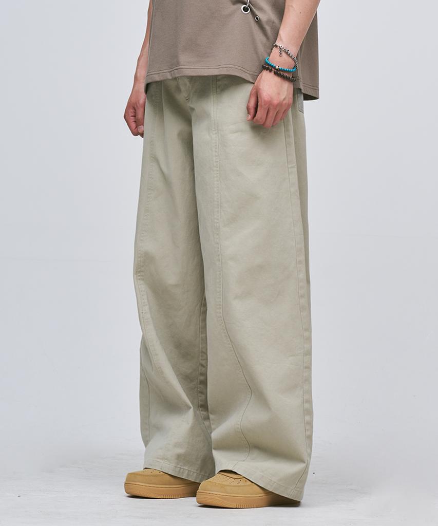 PLACESTUDIOMAN Basic Washed Contrast Double Pocket Cut-Out Wide Basic Cotton Pants [Beige]