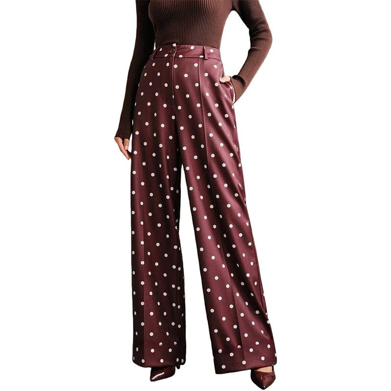 Women's High Waist Wide Leg Pants with Polka Dot Pattern and Button Detail in Multiple Colors