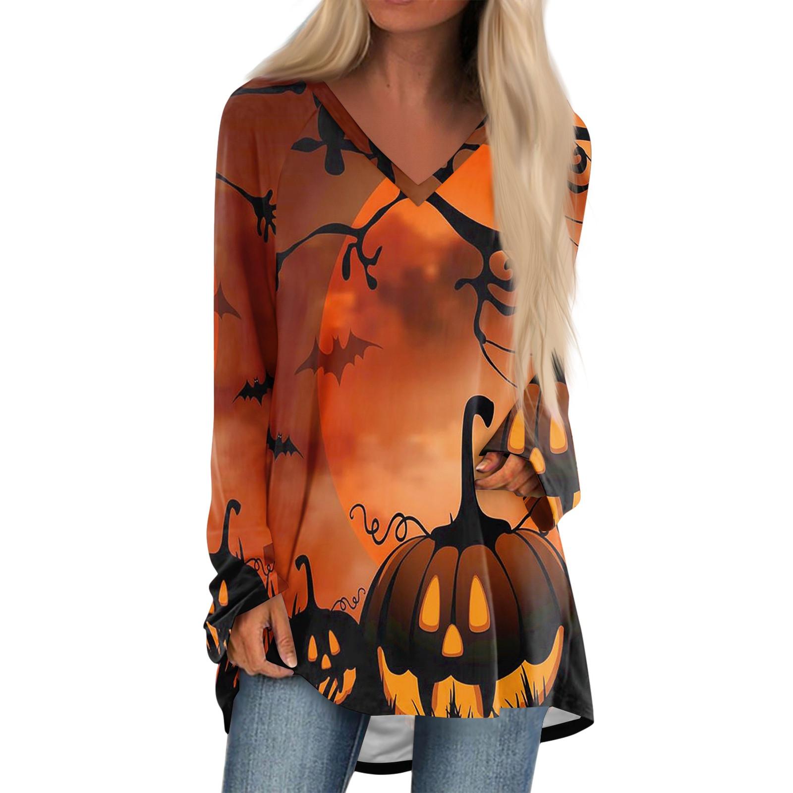 

Женская повседневная футболка с длинными рукавами и V-образным вырезом с принтом Halloweenl, длинная свободная футболка L шафрановый