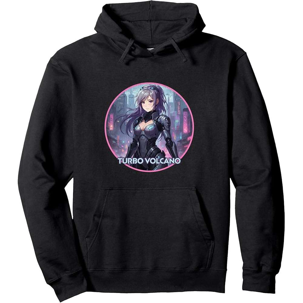 Futuristic anime robot girl  retro neon cityscape  design. Hoodie