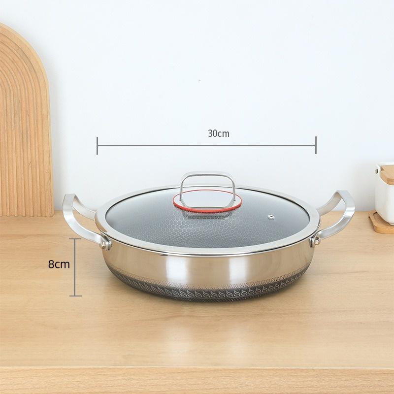 Double Ear Frying Pan Stainless Steel Stew Pot Pancake Baking Tray with Lid Induction Cooker Gas Stove Universal Non-stick Pot