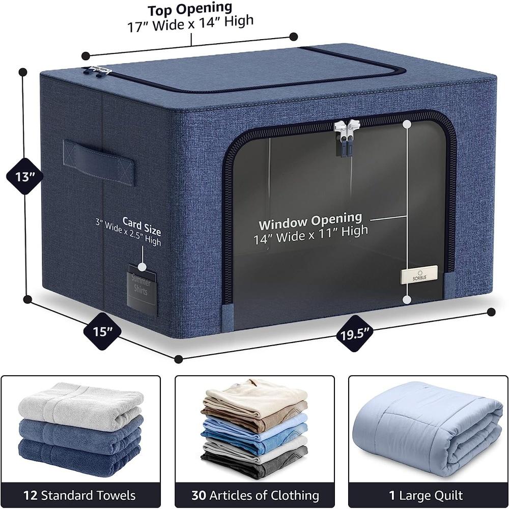 Stackable Foldable Storage Bins with Metal Frame Clear Window Dual Zipper Handles Durable Organizing Boxes Clothes Bedding