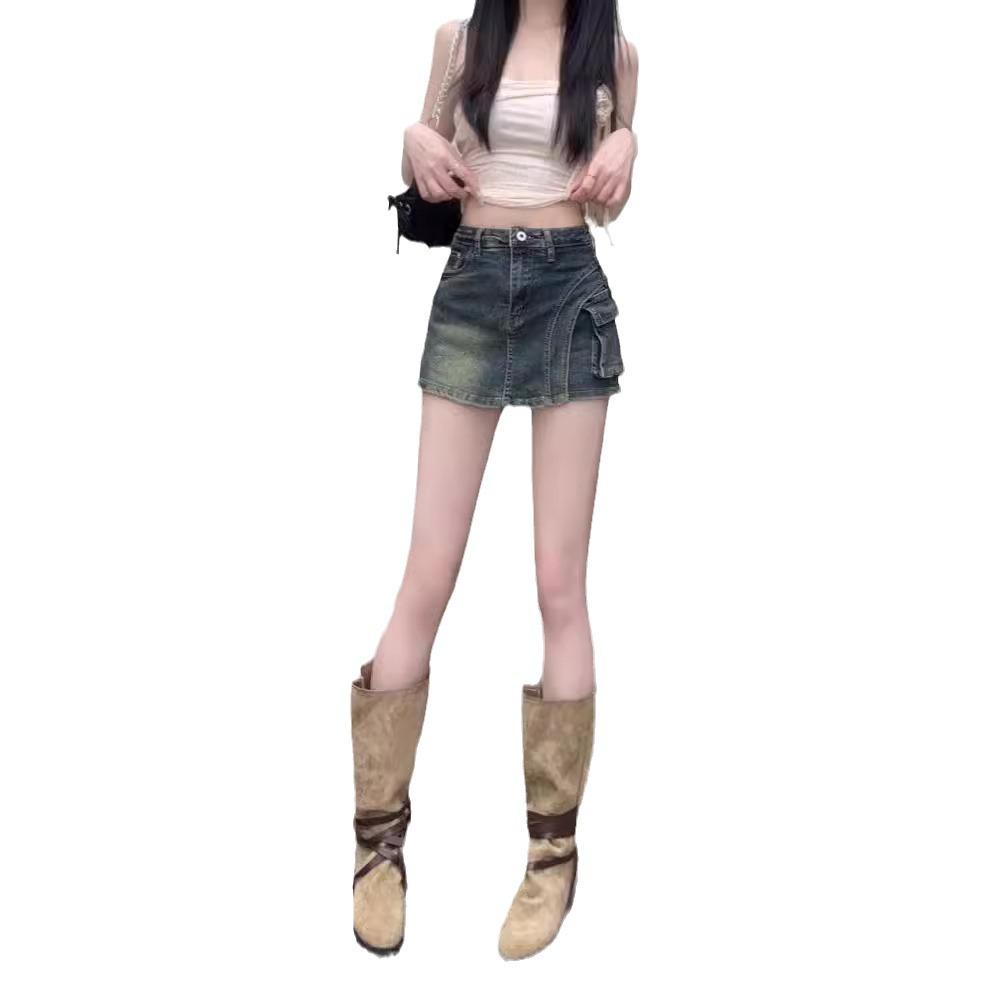 2024 Summer American Retro High-Waist A-Line Denim Skirt with Pockets