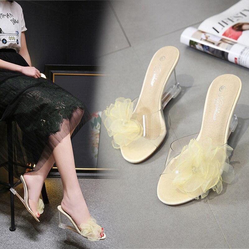 Women Black Flower Crystal Wedge Slippers Sexy Crystal Transparent High Heel  Flower Slope  Sandals LFD