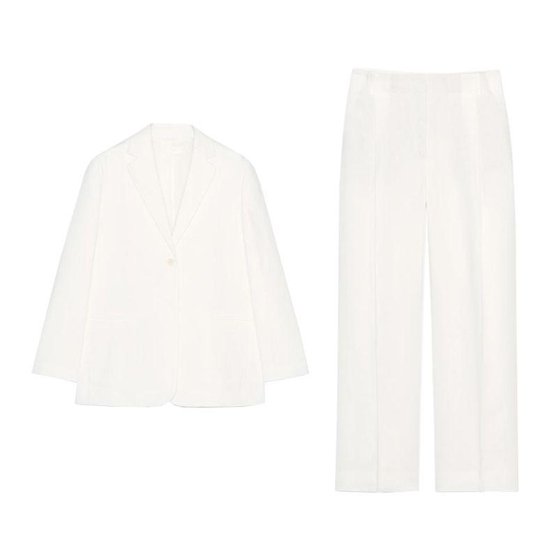 Long Sleeve Indented Lapel Linen Blend Blazers 3736045 Mid-Waist Casual Trousers 3736046
