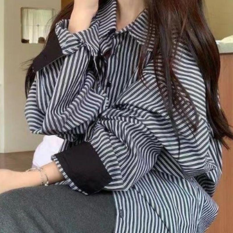

Женская рубашка в черно-белую полоску с длинными лацканами, свободная простая женская блузка с длинными рукавами в корейском стиле, ретро, универсальный топ Lazy Chic S