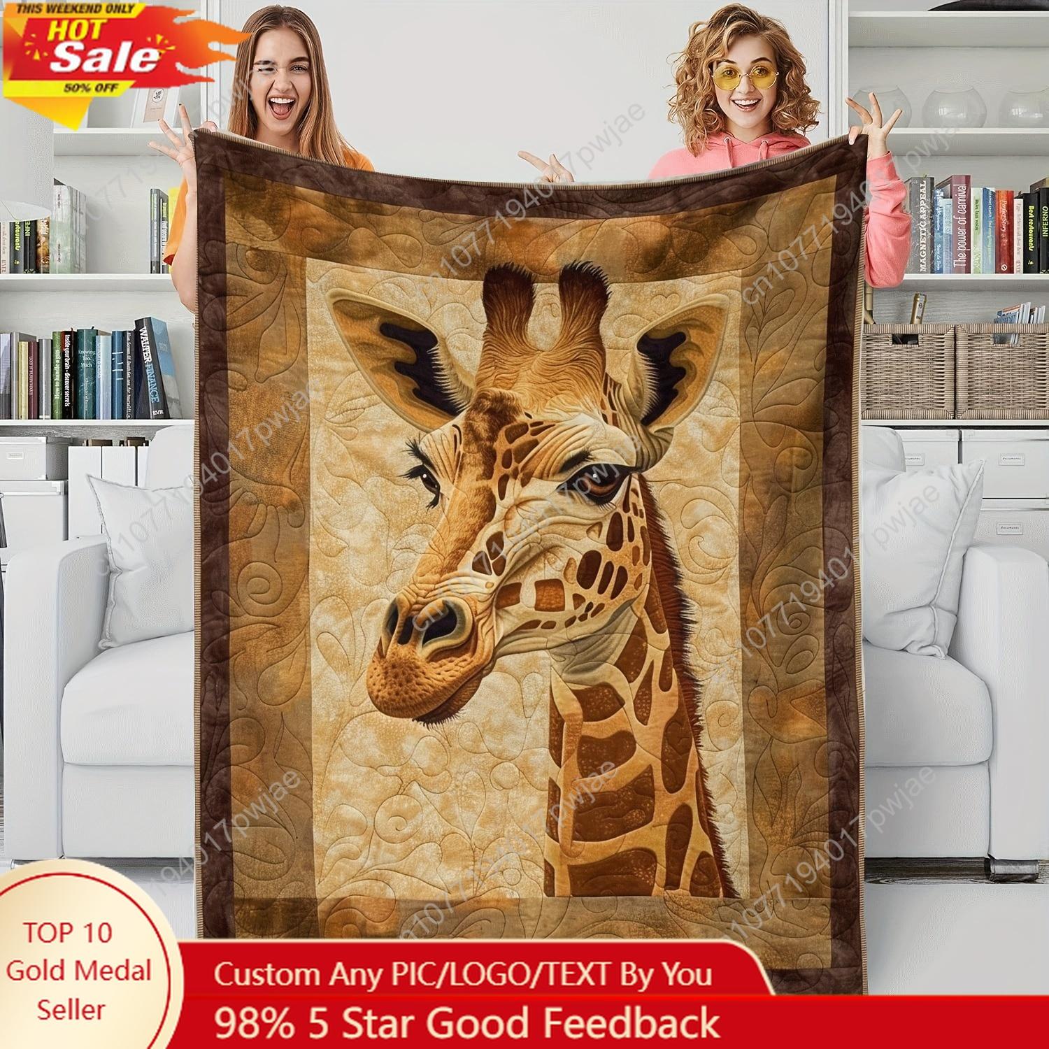[1pc Bohemian Giraffe Blanket] 1pc Soft Bohemian Giraffe Print Flannel Blanket | All-Season Cozy Throw for Bed, Couch, or Gift | 75X95CM