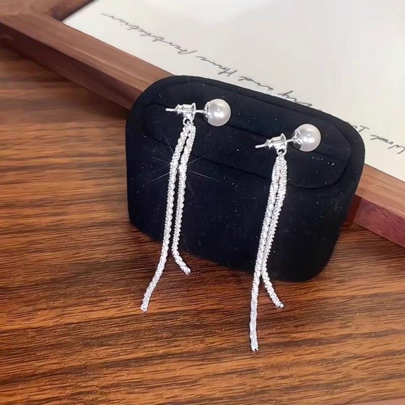 

111 silver needle simple long earline fringed earrings light luxury versatile temperament long broken silver pearl stud earrings 925 silver needle