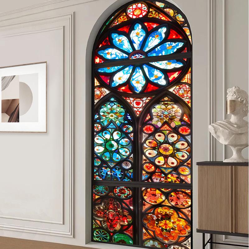 סרט ויטראז' צבעוני לכנסייה בסגנון אירופאי, מדבקת זכוכית וינטג', עיצוב לדלת בית, חדר אמבטיה, סרטי חלון לפרטיות