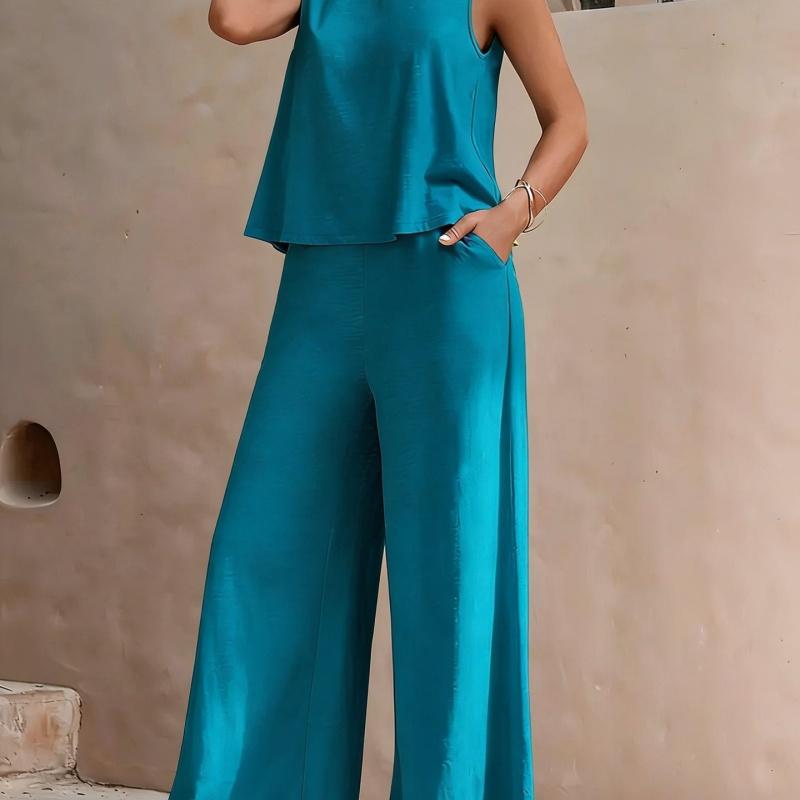 New Women's Sleeveless Vest And Trousers Two Piece Set Fashion Solid Color Two Piece Round Neck Top Pants Suit Casual Set