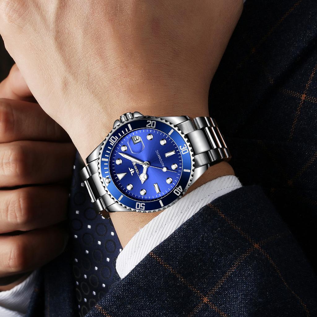FNGEEN 9001 Fashion Blue Man Mechanism Watch Nice Metal Band Waterproof Full Automatic Calendar Business Watch Kit