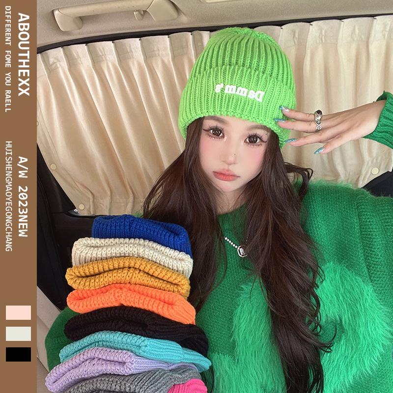 New Autumn and Winter Letter Offset Printing Wool Hat for Women Warm Ear Protection Knitted Hat Korean Style Pullover Hat Cold Hat Trendy