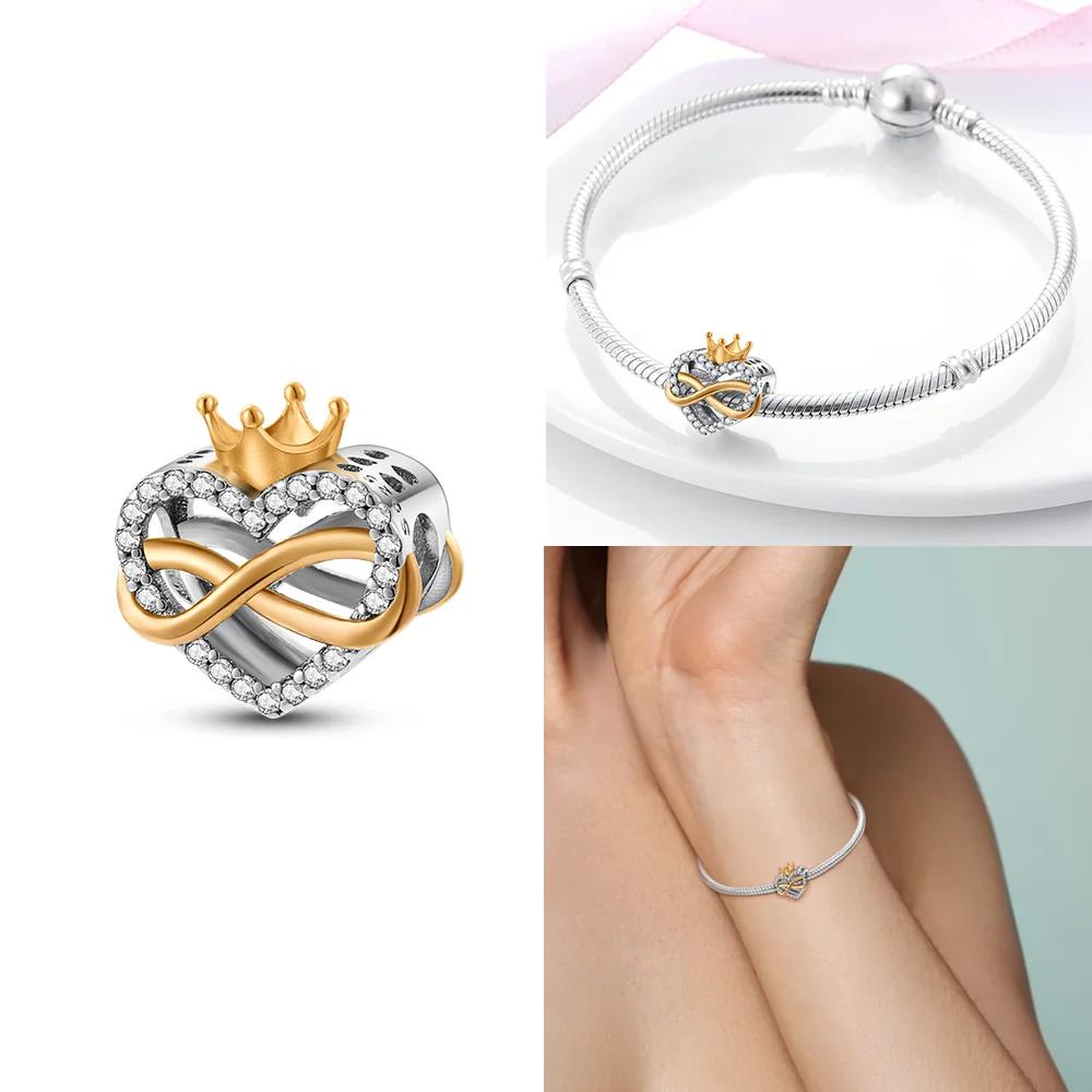 Infinite Pink Heart Zircon Crown Pendant Original Copper Charms Beads Fit Bracelet Women Jewelry Diy Gift Accessory Making