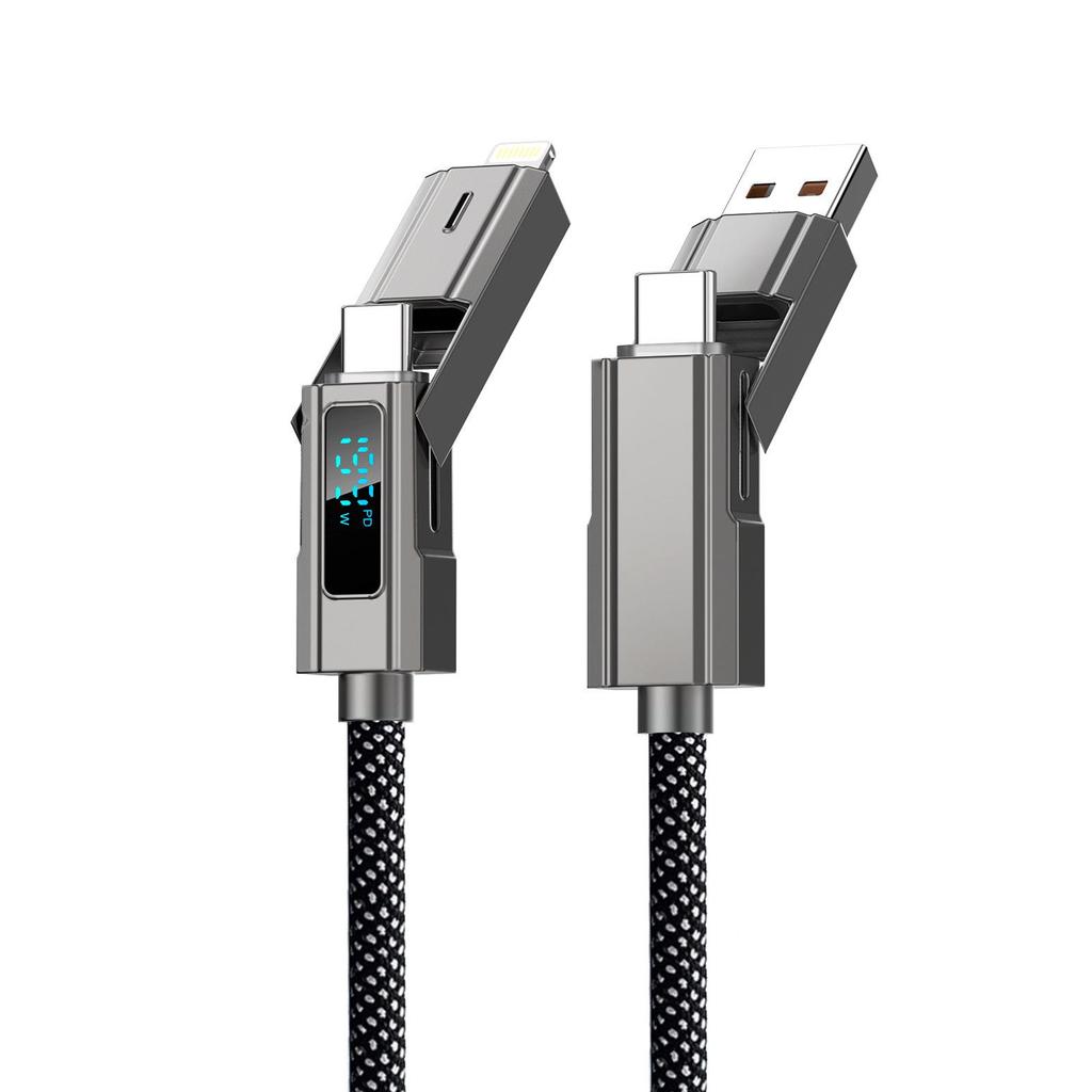 Universal Liquid Silicone 4-in-1 Fast Charging Cable with Digital Display for Phones, Tablets, and Laptops