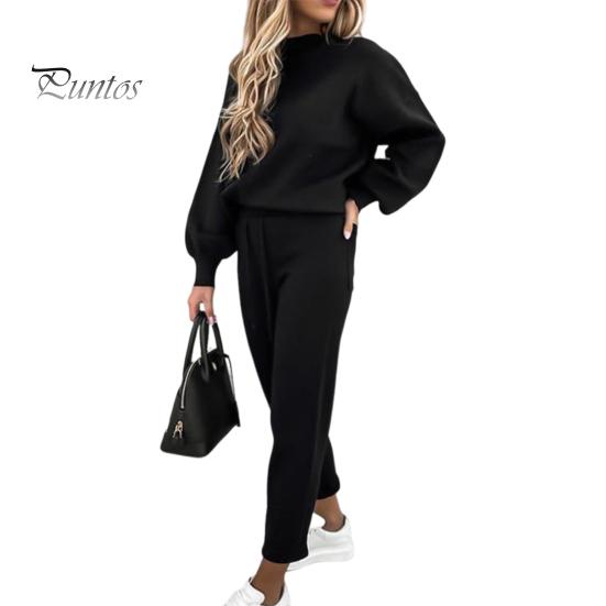 Solid Color 2 Pcs/Set Women Tracksuit Loose Half Turtleneck Casual Elastic Waist Keep Warm Drawstring Sportwear Sweatshirt Sweatpants Suit