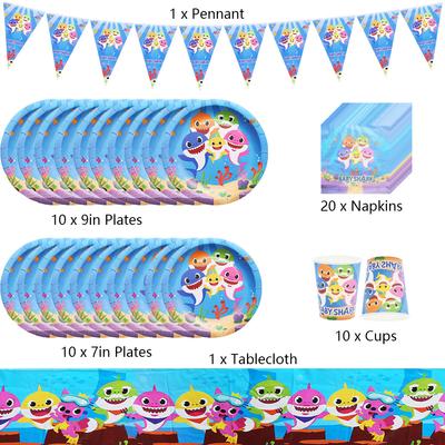 52pcs Baby Shark Tableware Set Includes Tablecloth Pennant Plates Cups Napkins