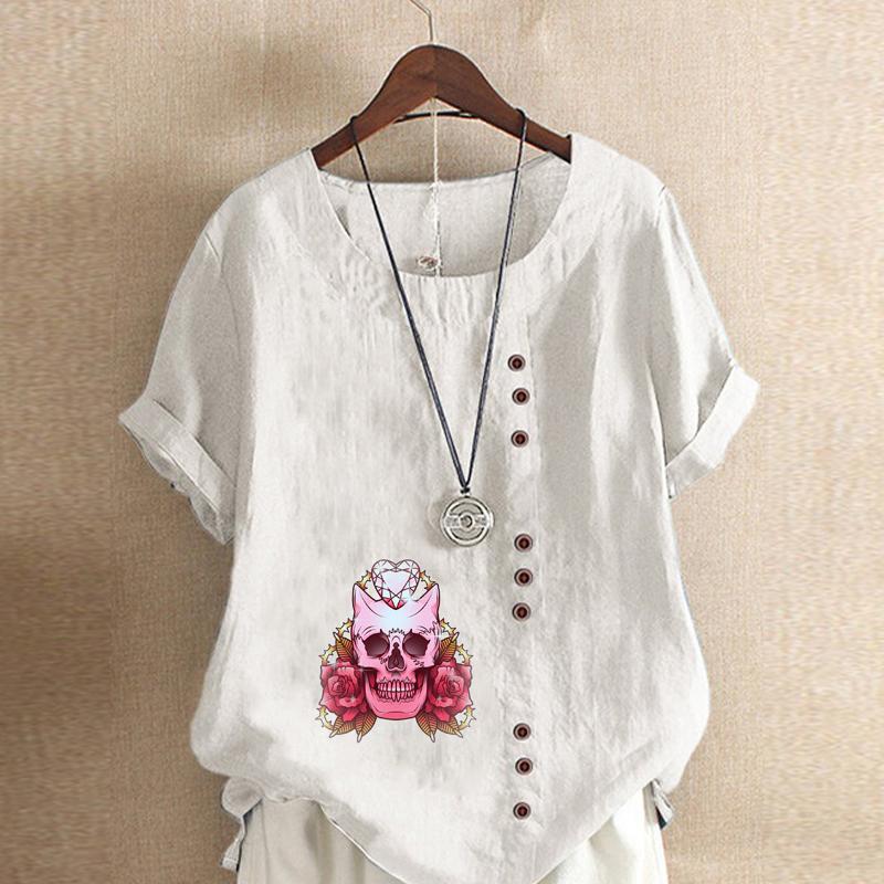 Women's Fashion Round Neck Short Sleeve T-shirt Casual Cotton Linen Graphic Shirt Leisure Loose Flower Prined Summer Blouse Tops