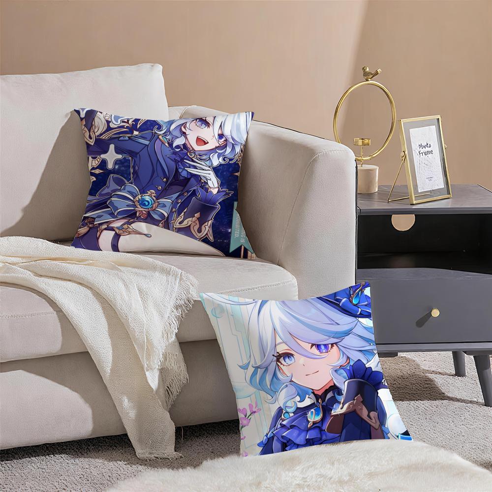Game Genshin Furina Cushion Cover Pillowcase Short Plush Invisible Zipper Room Sofa Cushion Cover