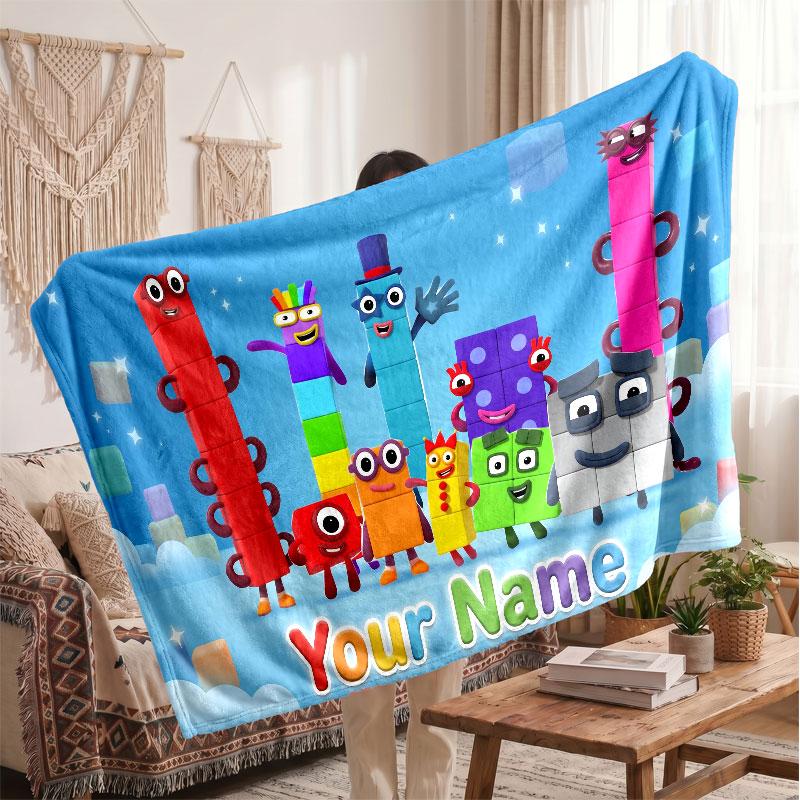 Numberblocks Personalized Flannel Blanket, Custom Printed Text Name, Warm Soft Blanket For Couch Bed