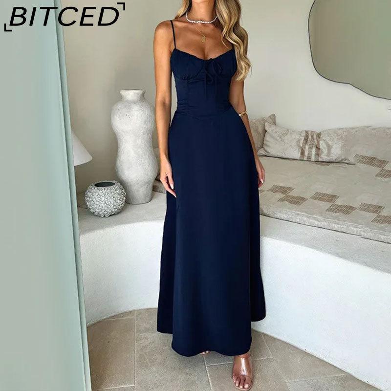 

BITCED Женское элегантное миди-платье А-силуэта однотонной расцветки на шнуровке XXXL темно-синий