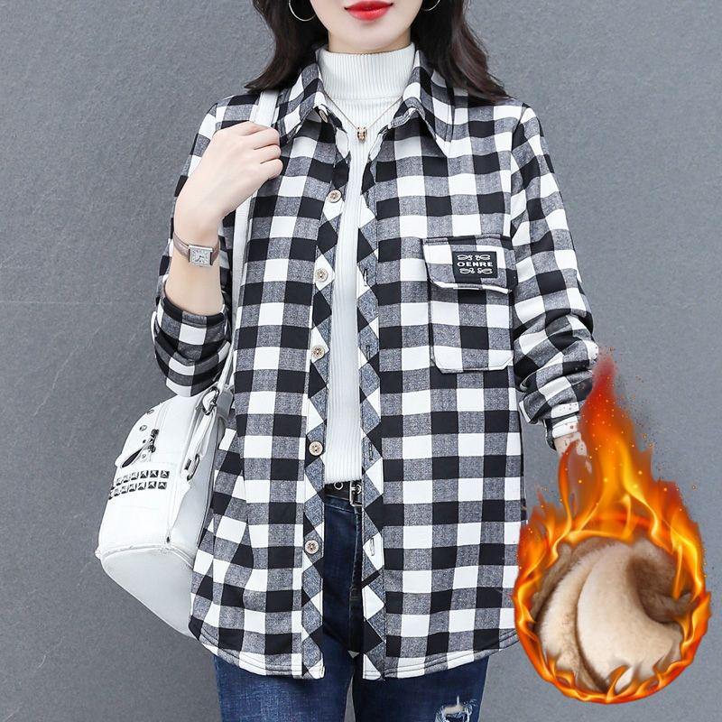 Winter Warm Shirt Autumn and Winter Western Style Mother Plus Velvet Thick Shirt Women's Brushed Thick Top