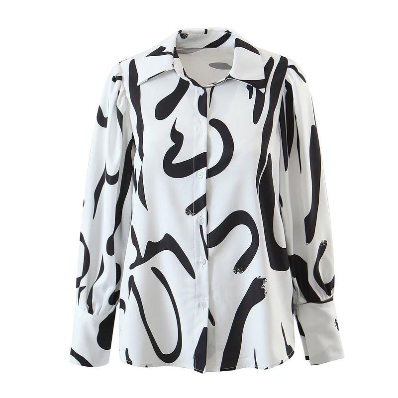 

Fashion Black and White Contrast Color Loose Drooping Long Sleeves Shirt Abstract Print(High quality) S