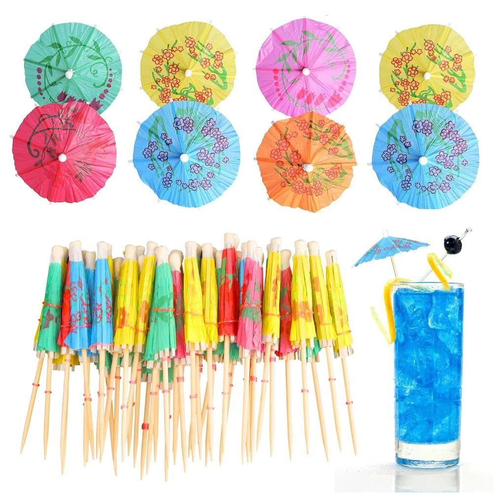 100PCS Paper Umbrella Tops Cocktail Picks Wooden Sticks Decorative Skewers Dessert Topping