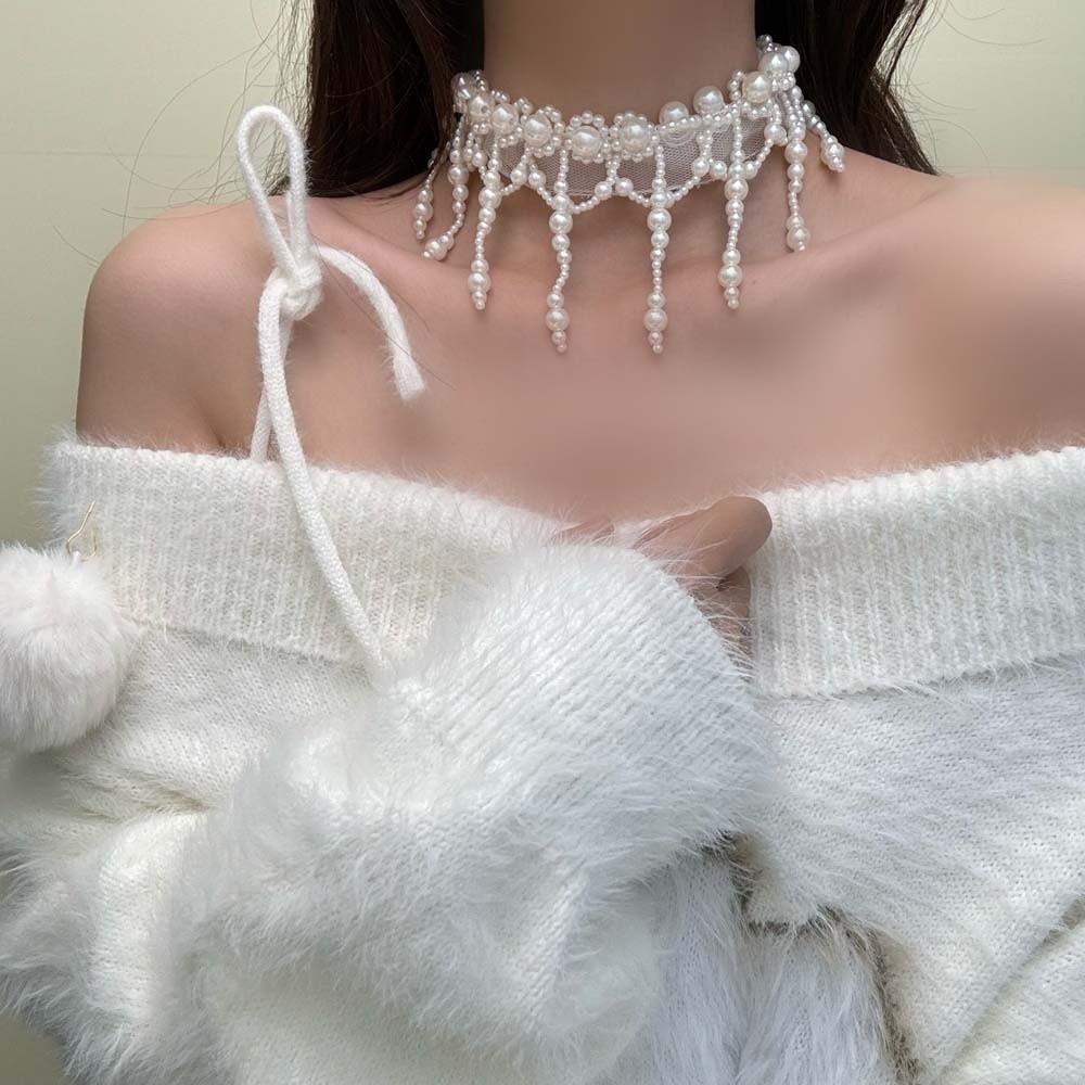 Creative Tassel Beads Necklace White Mesh Neck Jewelry Adjustable Pearl Lace Choker  Daily