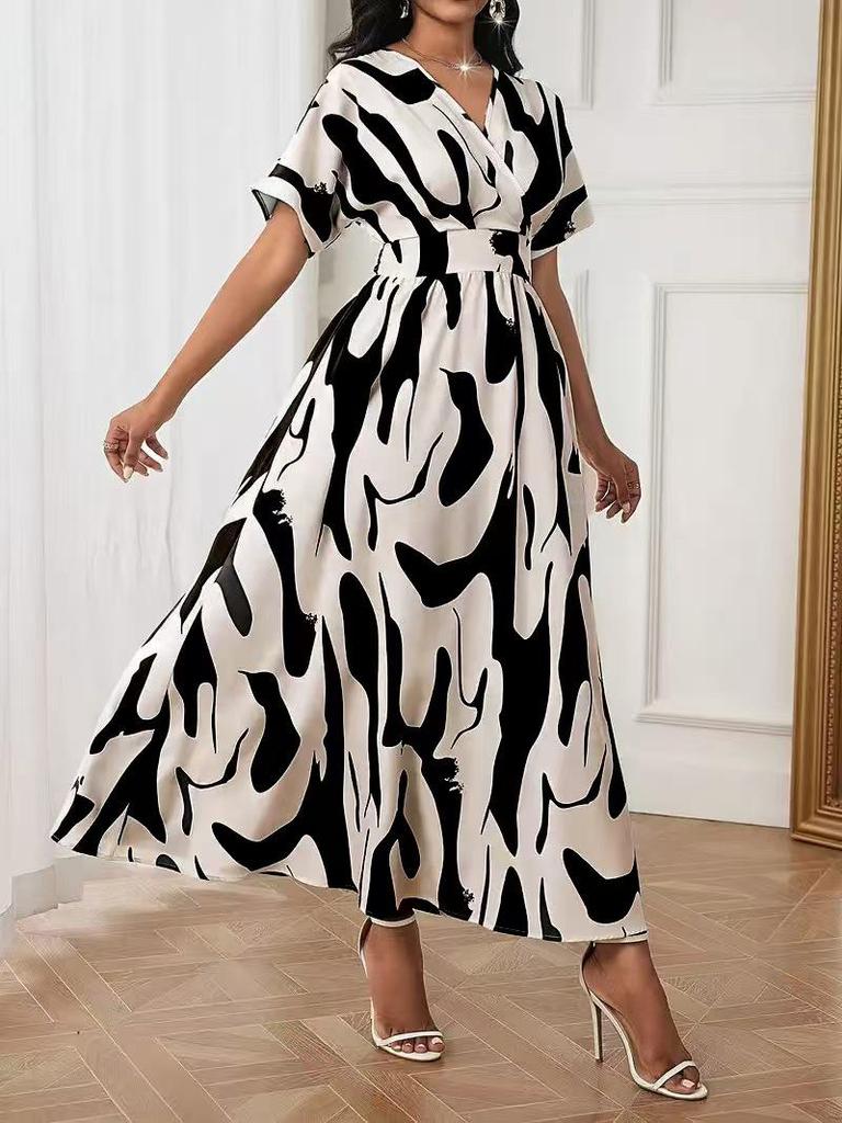 Elegant V-neck Waist-cinching Digital Print Women's Dress