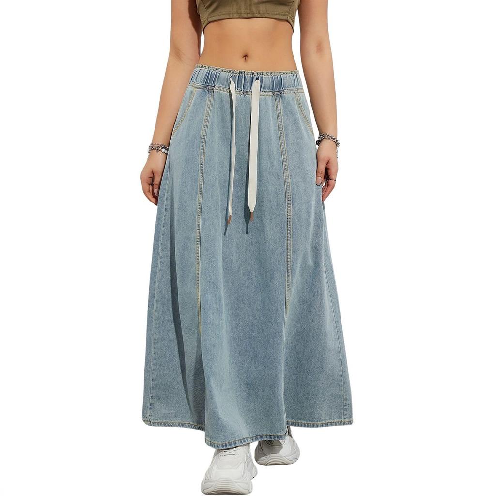 Women's Casual Elastic High Waist Loose A-Line Long Flared Denim Skirt