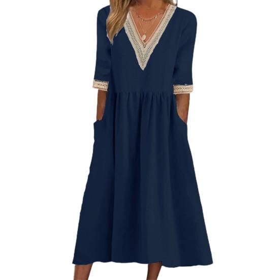 Women Midi Dress Half Sleeves V Neck Cutout Patchwork Pleated Daily Wear A-line