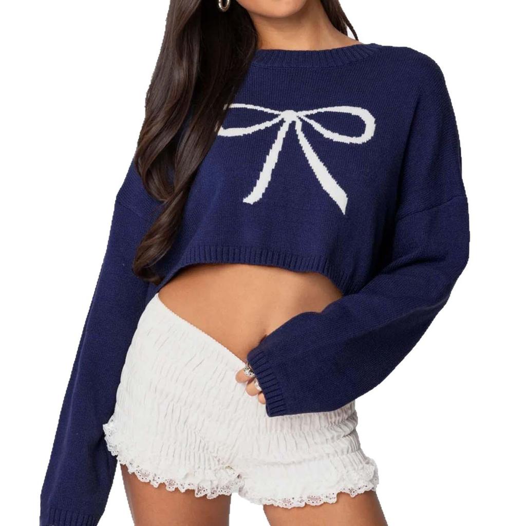Autumn 2025 Women's Cropped Bow Knit Sweater with Long Sleeves
