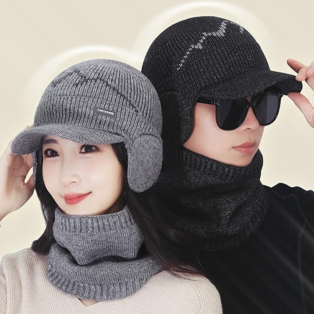 2Pcs Set Windproof Knitted Hat Neck Gaiter Plush Winter Autumn Hat with Earflap  Outdoor