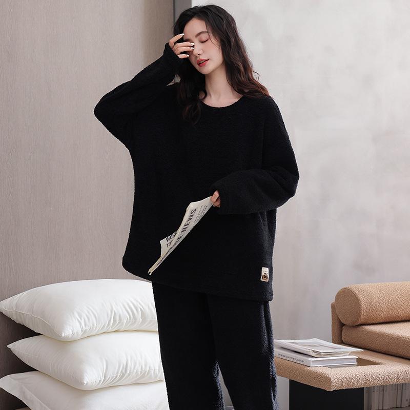 Pyjama Damen Winter Halbfleece Set Schwarz Herbst Und Winter Fleece Verdickt Korallenfleece Loungewear