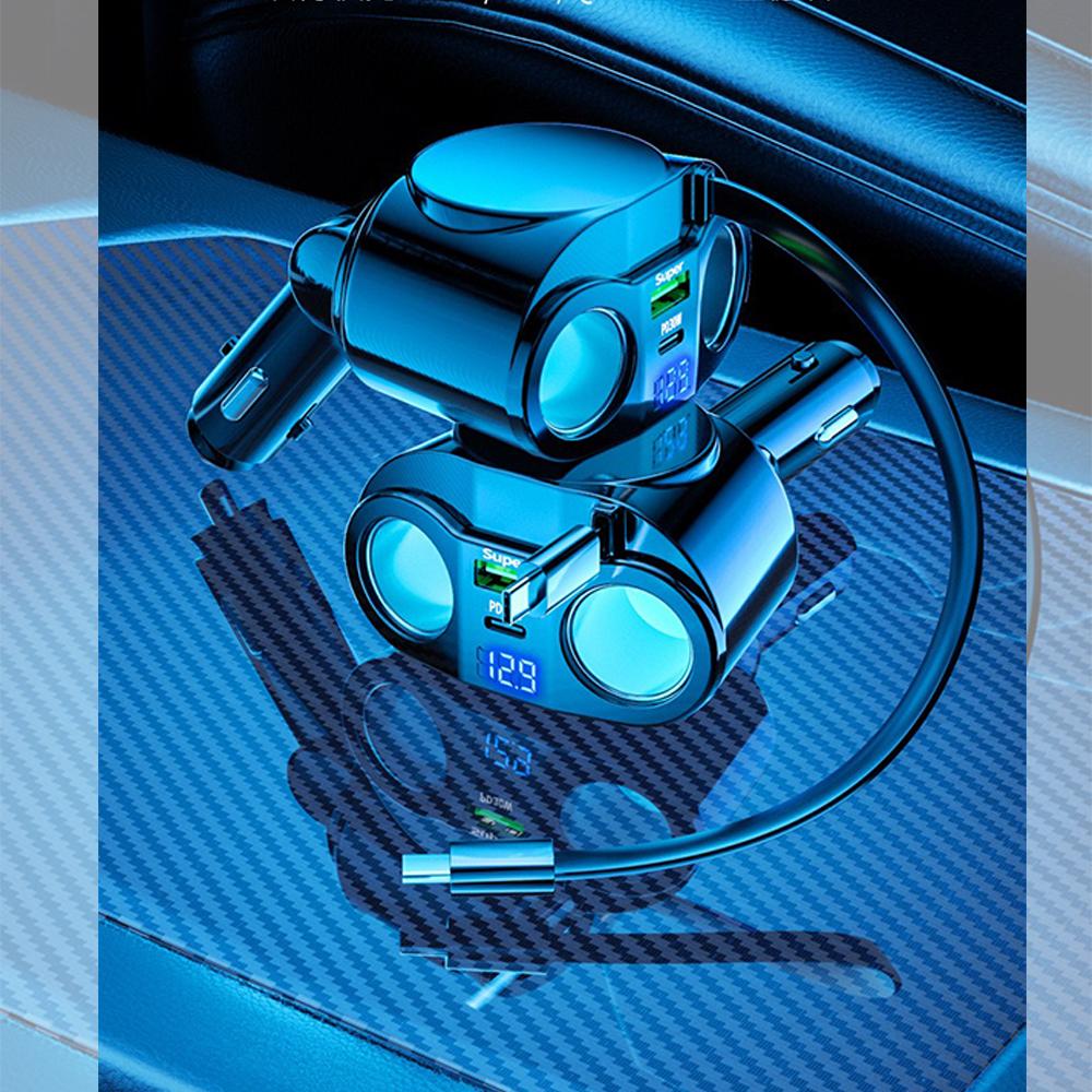 PD30W Einziehbarer Autoladegerät, 5-in-1 Schnelllade-Autoladegerät 120W mit Digitalanzeige Autoladegerät-Adapter Autozubehör Für iPhone, Samsung
