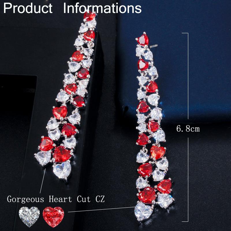 CMM Unique Love Heart Cut Sparkly Red Cubic Zirconia Long Dangle Drop Earrings for Women Jewelry Gift
