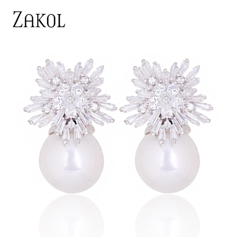 ZAKOL Newest Snowflake Flowers AAA Cubic Zirconia Pearl Drop Earrings for Women Fashion Jewelry Birthday Gifts EP2917