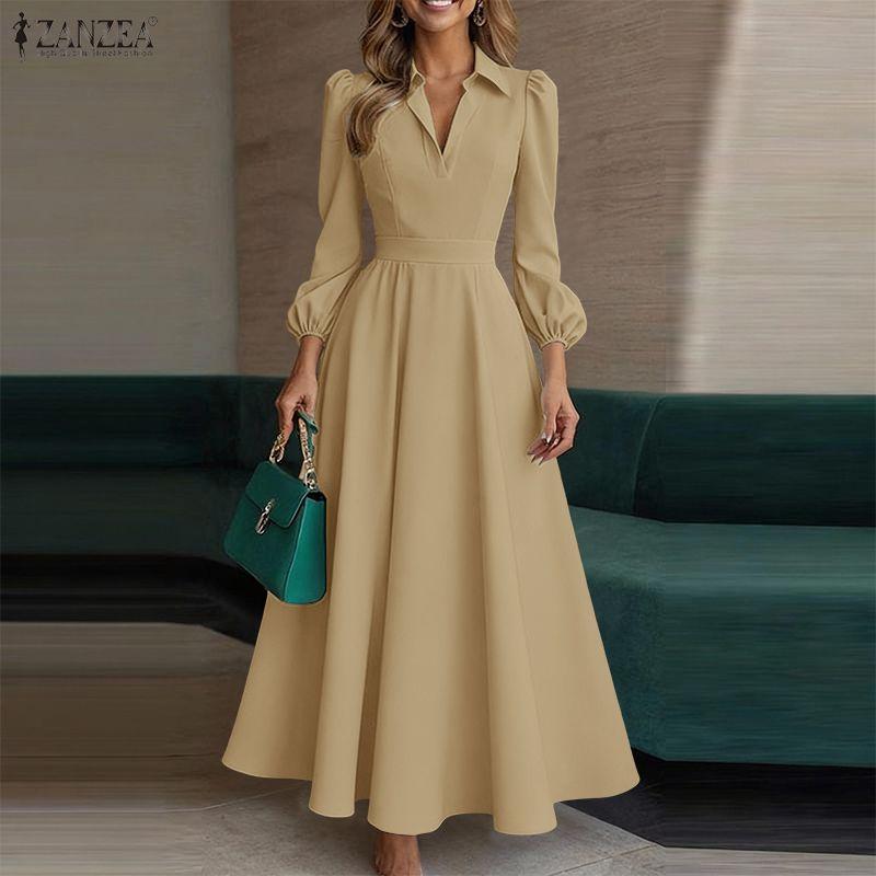 ZANZEA Vestido largo suelto informal de manga larga con cuello vuelto para mujer