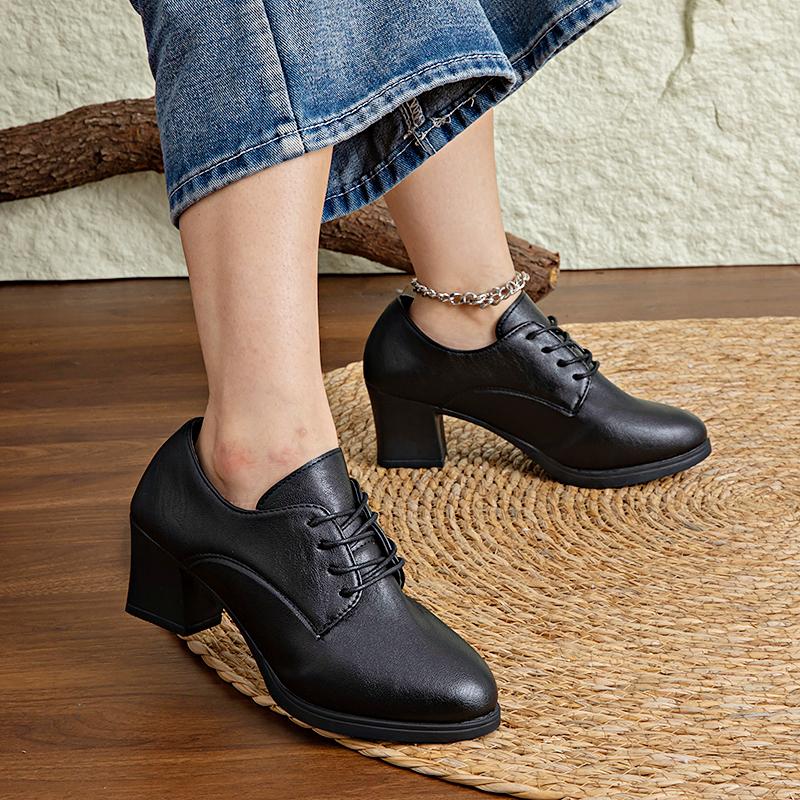 New Women'S Deep-Mouth Slip-Ons, Summer Soft Leather, Lace-Up Chunky Heel Casual Commuting Shoes
